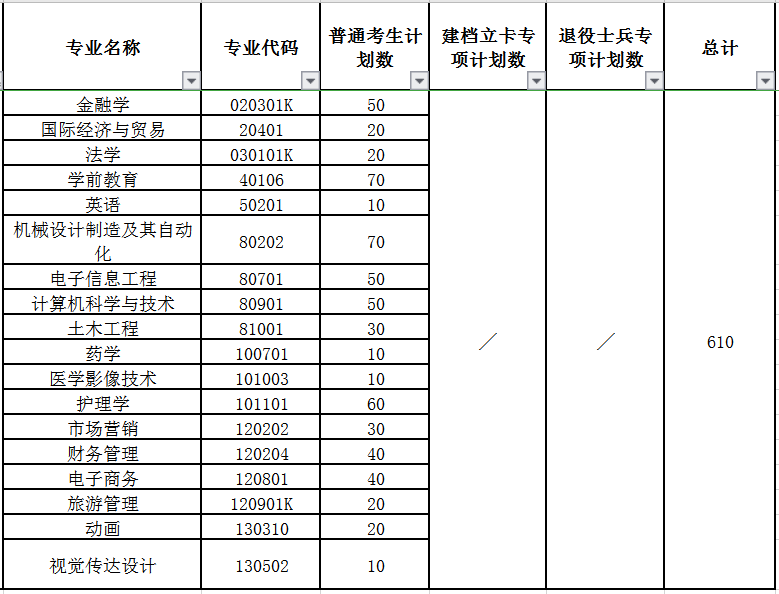 2020年武汉文理学院专升本招生计划及专业