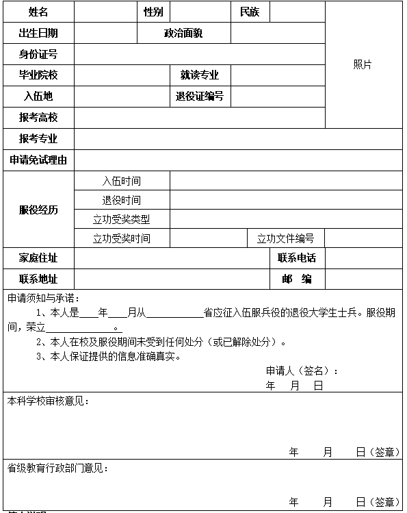 湖北文理学院专升本免试申请表